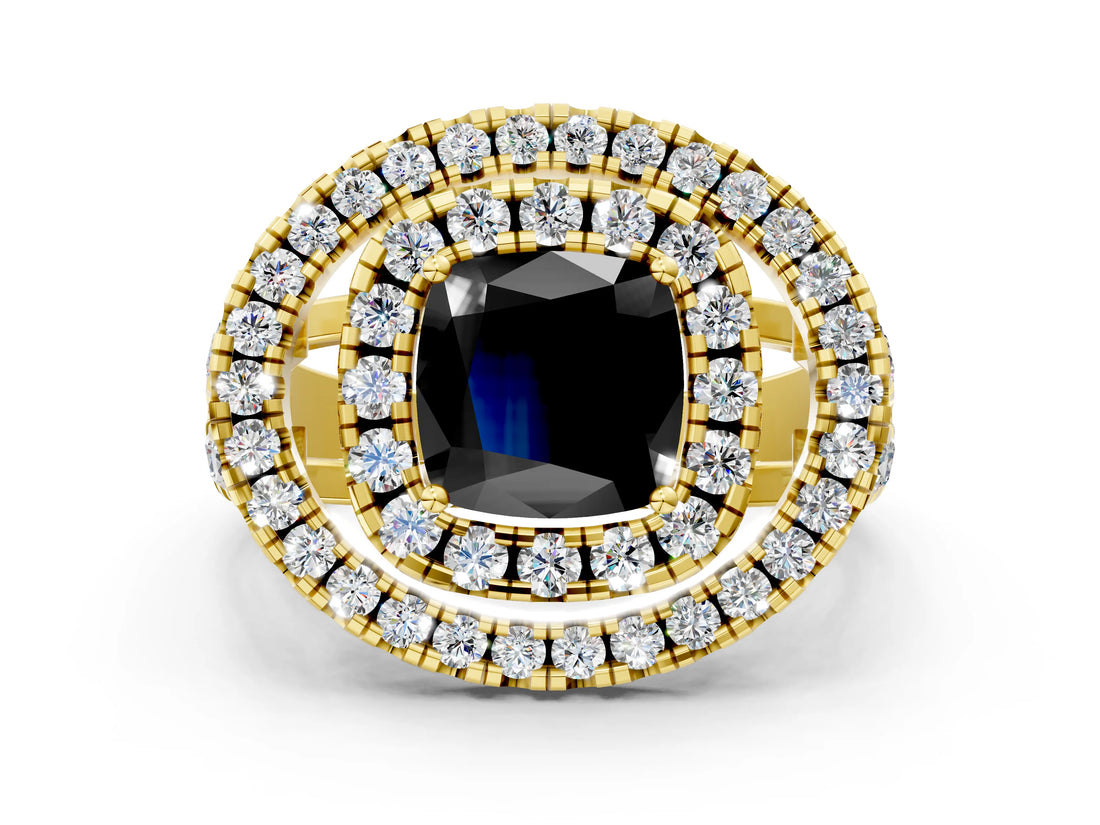 Yellow gold Double Halo Fancy Black Cushion Cut Diamond Split Shank Prong Setting Ring