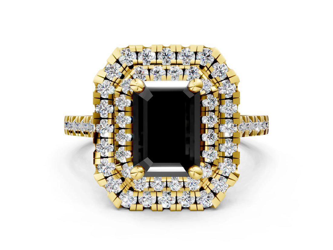 Yellow gold Double Halo Fancy Black Emerald Cut Diamond Pavé Band with Four-Prong Setting