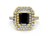 Yellow gold Double Halo Fancy Black Emerald Cut Diamond Pavé Band with Four-Prong Setting