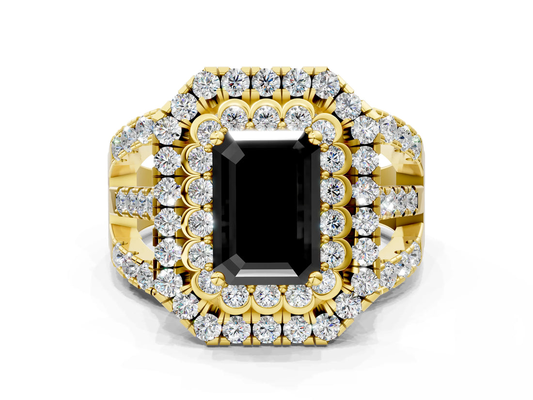 Yellow gold Double Halo Fancy Black Emerald Cut Diamond Split Shank Pave Set Ring_3