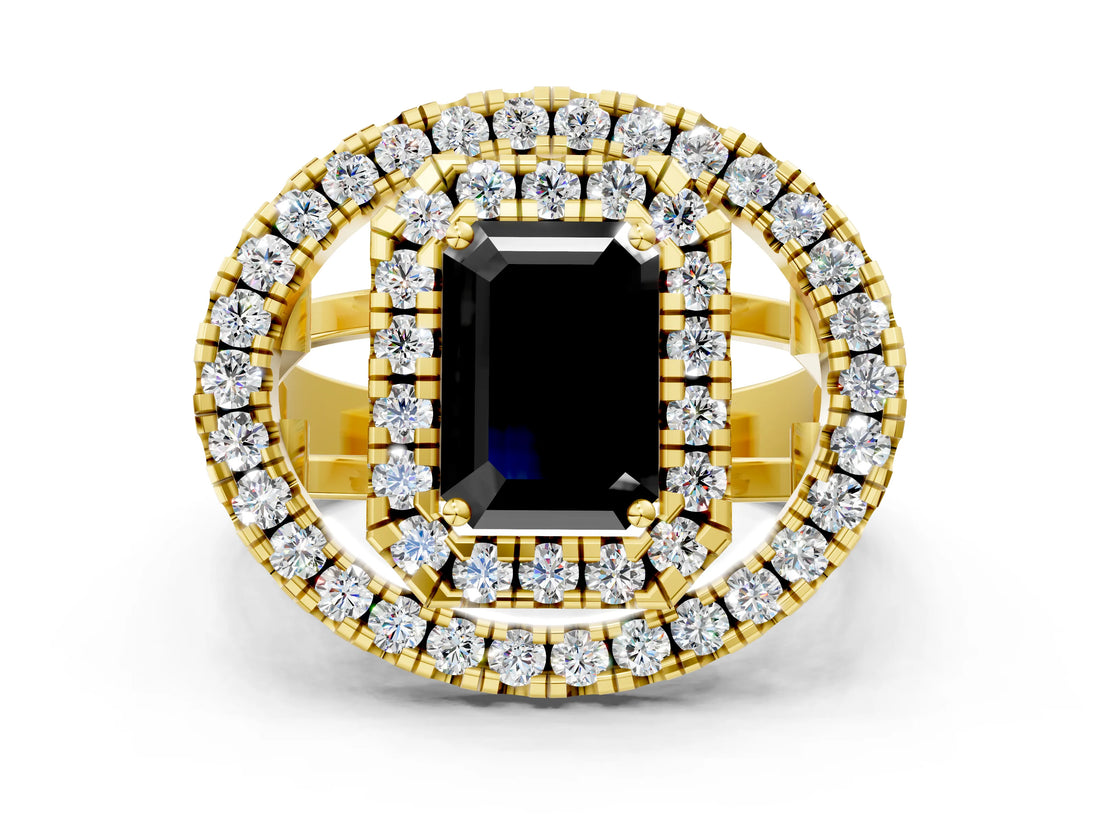 Yellow gold Double Halo Fancy Black Emerald Cut Diamond Split Shank Prong Setting Ring