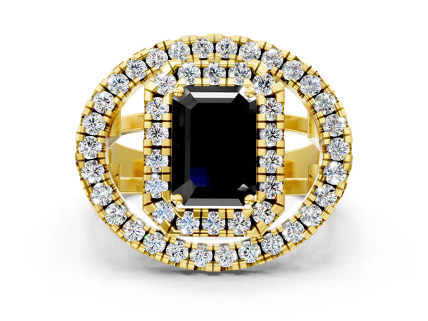 Yellow Gold Emerald Cut Double Halo Split Shank Engagement Ring Setting for Black Center