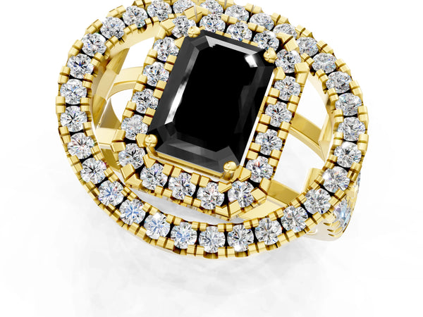 Yellow Gold Emerald Cut Double Halo Split Shank Engagement Ring Setting for Black Center
