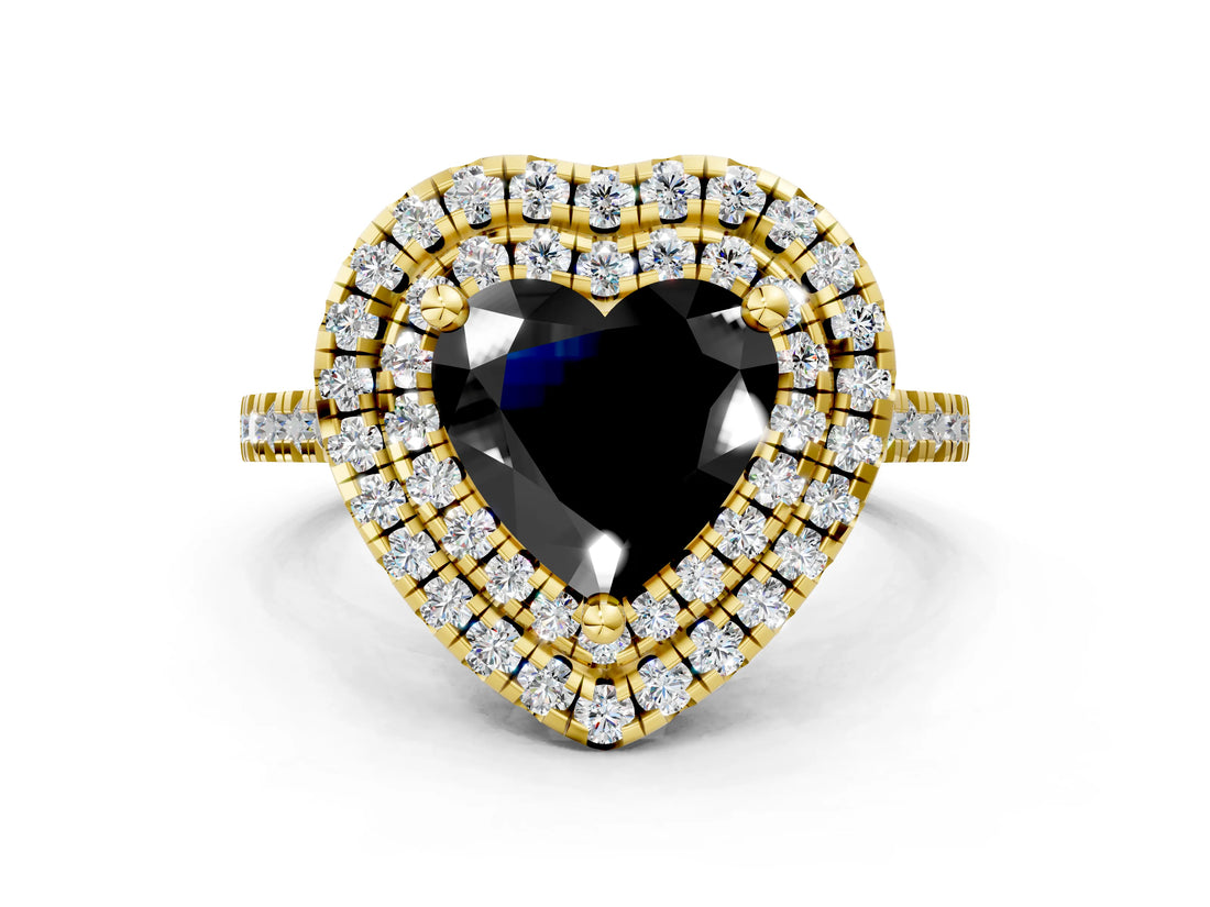 Yellow gold Double Halo Fancy Black Heart Cut Diamond Pavé Band with Four-Prong Setting