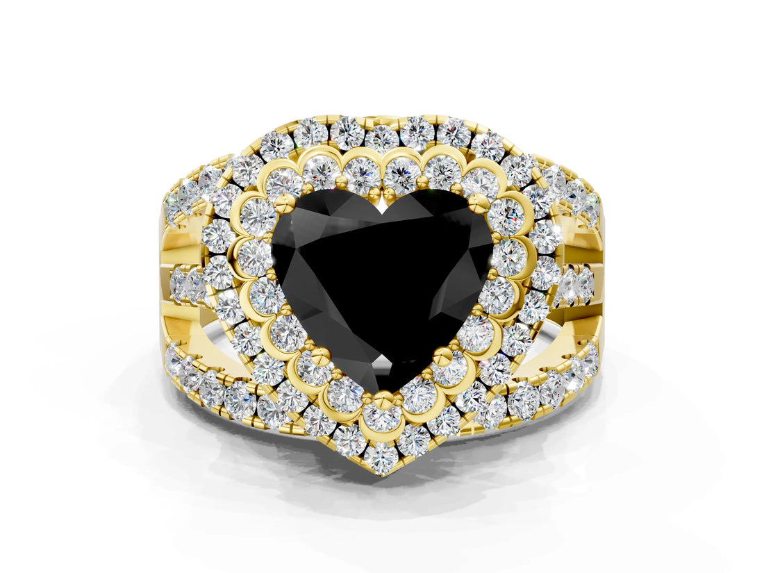 Yellow gold Double Halo Fancy Black Heart Cut Diamond Split Shank Pave Set Ring_3