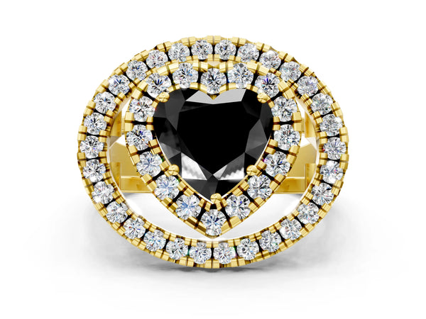 Yellow Gold Heart-Shaped Double Halo Split Shank Engagement Ring Setting for Black Center