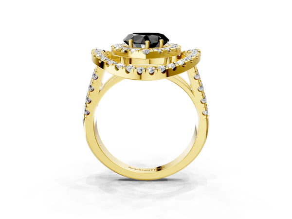 Yellow Gold Heart-Shaped Double Halo Split Shank Engagement Ring Setting for Black Center