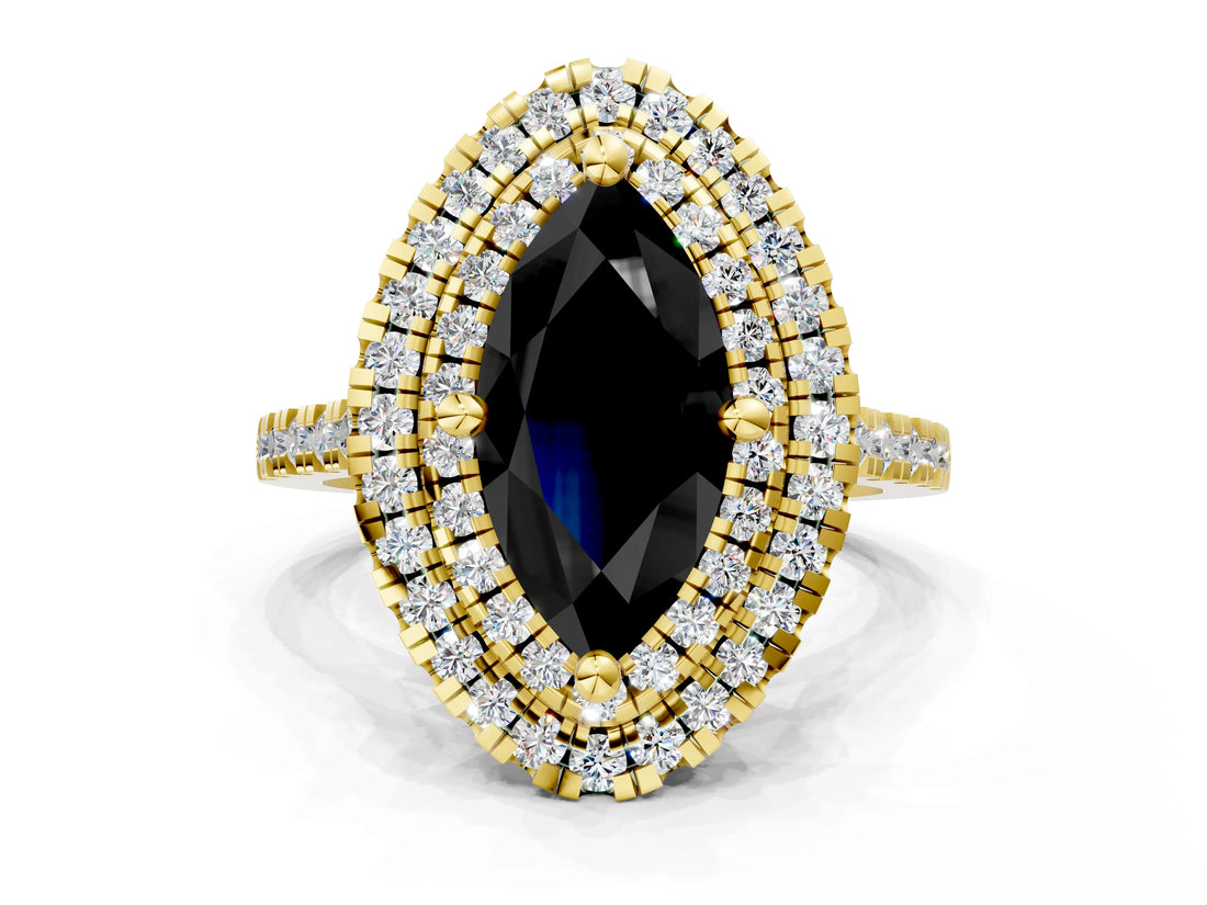 Yellow gold Double Halo Fancy Black Marquise Cut Diamond Pavé Band with Four-Prong Setting