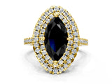 Yellow gold Double Halo Fancy Black Marquise Cut Diamond Pavé Band with Four-Prong Setting