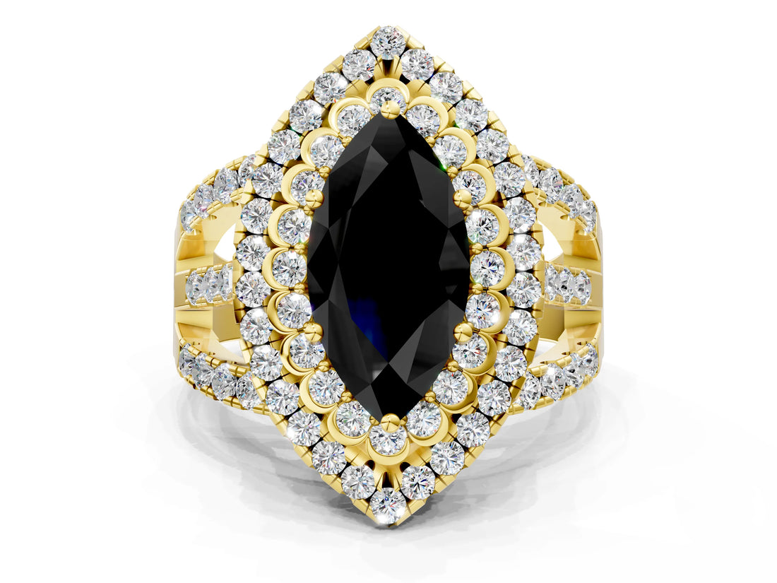 Yellow gold Double Halo Fancy Black Marquise Cut Diamond Split Shank Pave Set Ring_3