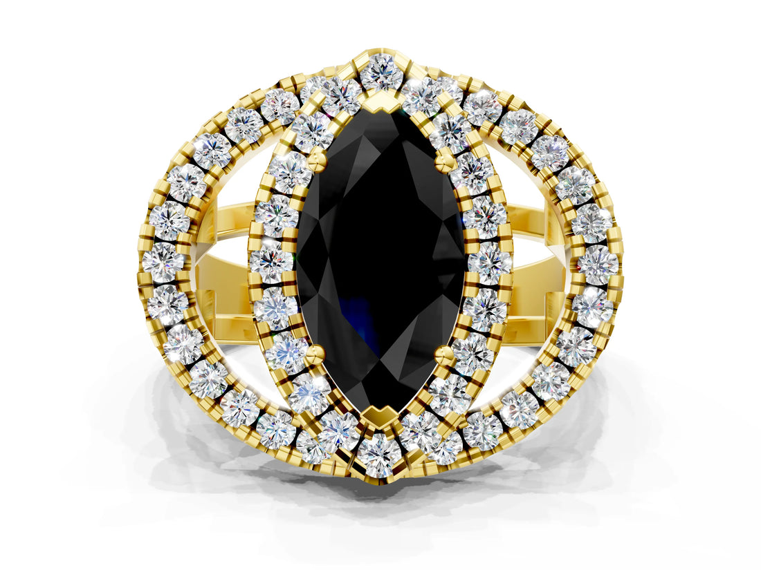 Yellow gold Double Halo Fancy Black Marquise Cut Diamond Split Shank Prong Setting Ring
