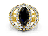 Yellow gold Double Halo Fancy Black Marquise Cut Diamond Split Shank Prong Setting Ring