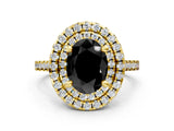 Yellow gold Double Halo Fancy Black Oval Cut Diamond Pavé Band with Four-Prong Setting