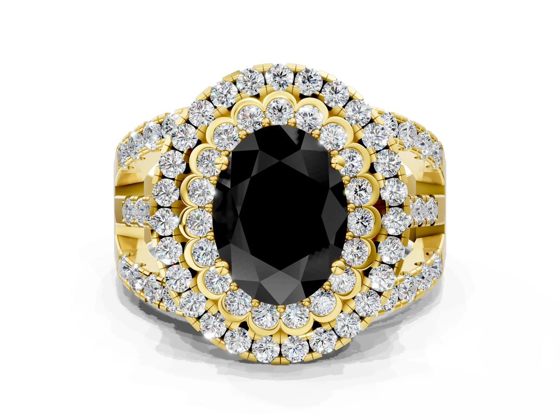 Yellow gold Double Halo Fancy Black Oval Cut Diamond Split Shank Pave Set Ring_3
