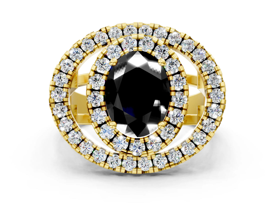 Yellow gold Double Halo Fancy Black Oval Cut Diamond Split Shank Prong Setting Ring