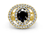 Yellow gold Double Halo Fancy Black Oval Cut Diamond Split Shank Prong Setting Ring