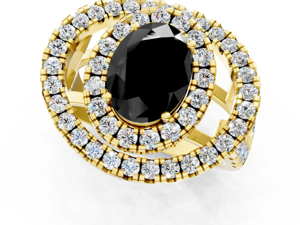 Yellow Gold Oval Double Halo Split Shank Engagement Ring Setting for Black Center