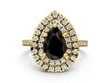 Yellow gold Double Halo Fancy Black Pear Cut Diamond Pavé Band with Four-Prong Setting