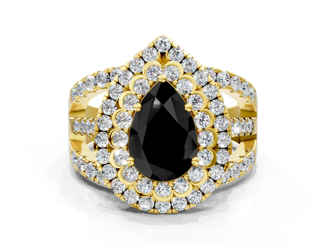 Yellow gold Double Halo Fancy Black Pear Cut Diamond Split Shank Pave Set Ring_3