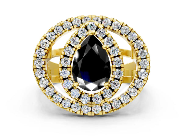 Yellow Gold Pear-Shaped Double Halo Split Shank Engagement Ring Setting for Black Center