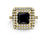 Yellow gold Double Halo Fancy Black Princess Cut Diamond Pavé Band with Four-Prong Setting