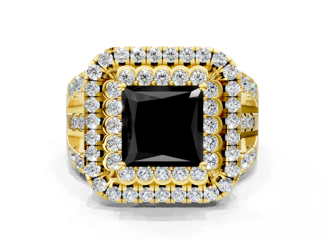 Yellow gold Double Halo Fancy Black Princess Cut Diamond Split Shank Pave Set Ring_3