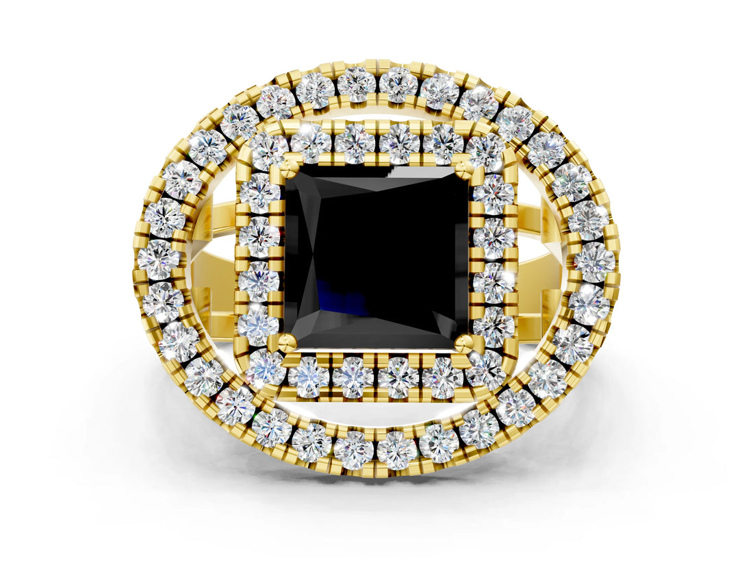 Yellow gold Double Halo Fancy Black Princess Cut Diamond Split Shank Prong Setting Ring