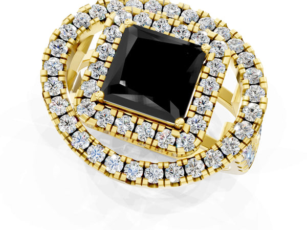 Yellow Gold Princess Cut Double Halo Split Shank Engagement Ring Setting for Black Center