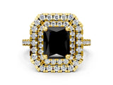 Yellow gold Double Halo Fancy Black Radiant Cut Diamond Pavé Band with Four-Prong Setting