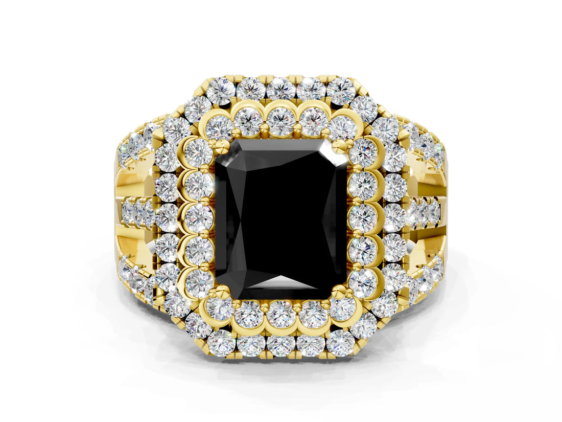 Yellow gold Double Halo Fancy Black Radiant Cut Diamond Split Shank Pave Set Ring_3