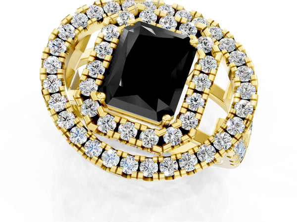 Yellow Gold Radiant Cut Double Halo Split Shank Engagement Ring Setting for Black Center