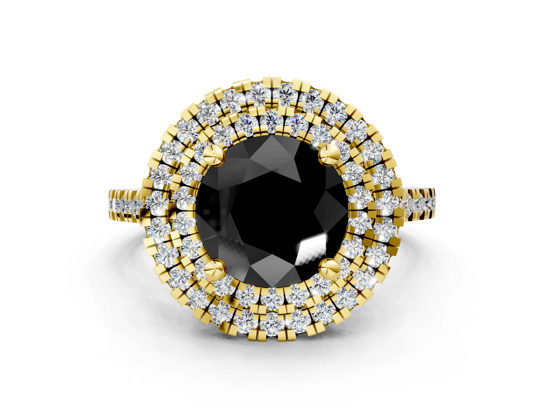 Yellow gold Double Halo Fancy Black Round Cut Diamond Pavé Band with Four-Prong Setting