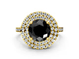 Yellow gold Double Halo Fancy Black Round Cut Diamond Pavé Band with Four-Prong Setting