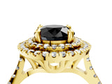 Yellow gold Double Halo Fancy Black Round Cut Diamond Pavé Band with Four-Prong Setting_4
