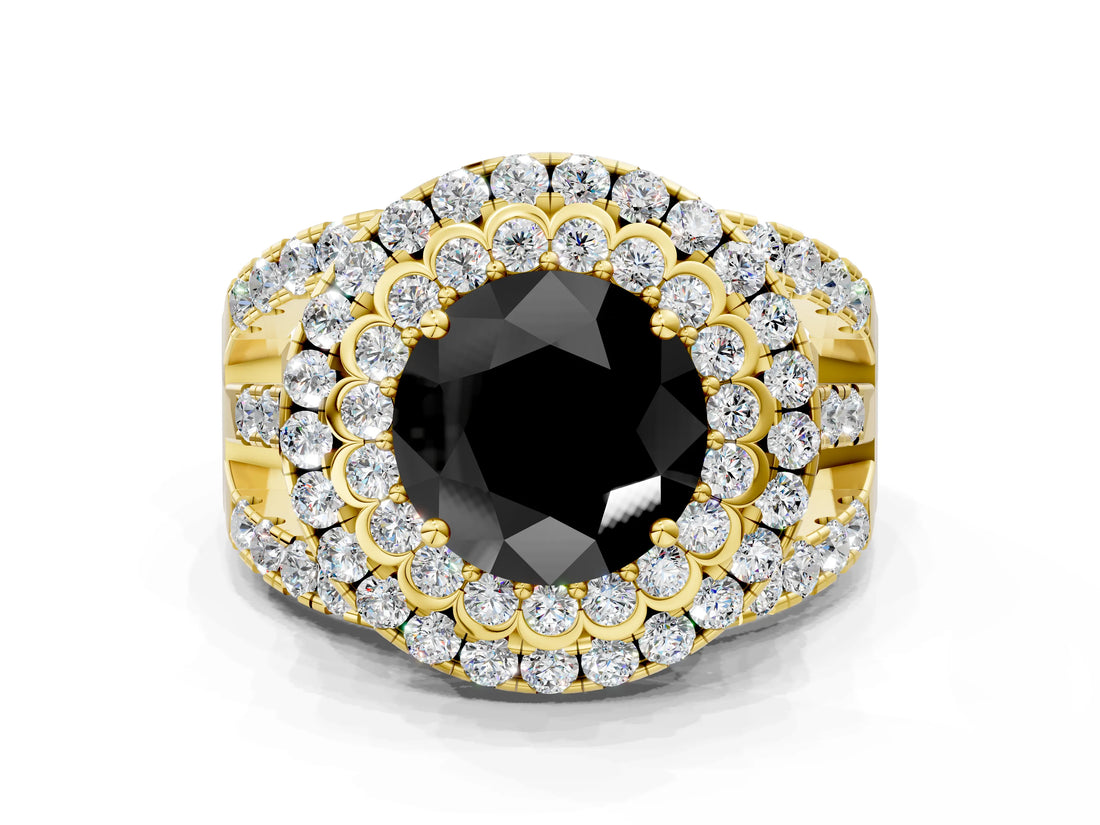Yellow gold Double Halo Fancy Black Round Cut Diamond Split Shank Pave Set Ring_3