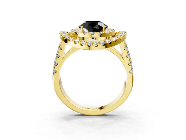 Yellow Gold Round Double Halo Split Shank Engagement Ring Setting for Black Center