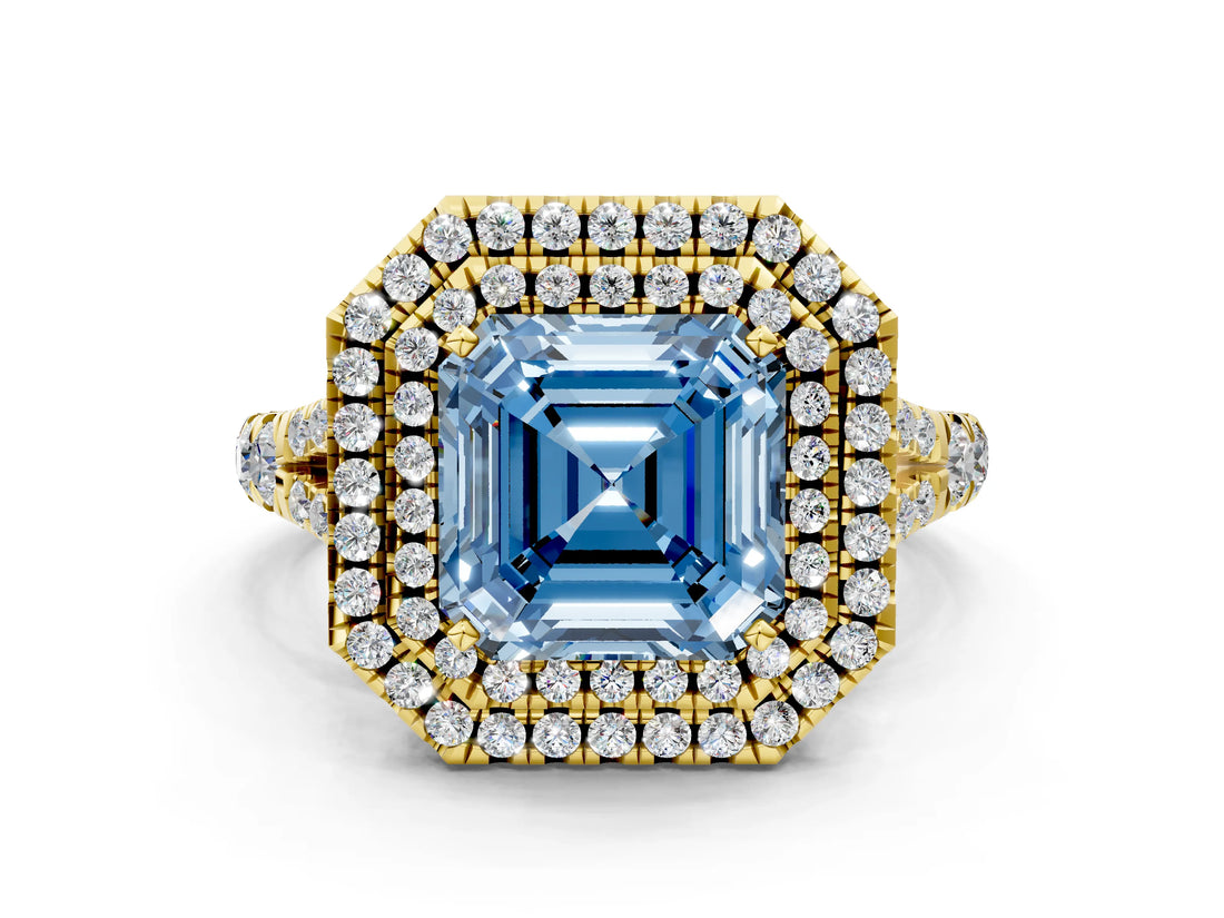 Yellow gold Double Halo Fancy Blue Asscher -Shaped Split Shank Diamond Ring with Prong Setting_15