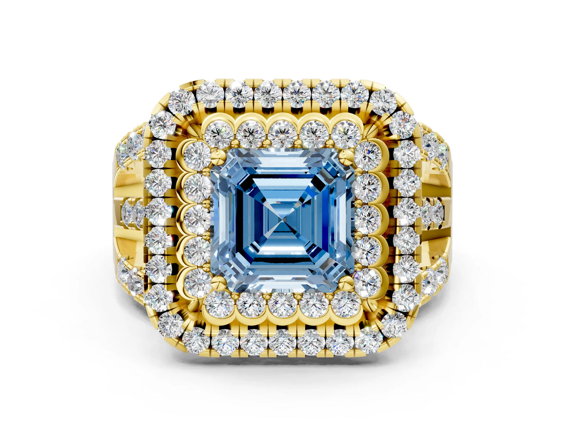 Yellow gold Double Halo Fancy Blue Asscher Cut Diamond Split Shank Pave Set Ring_3