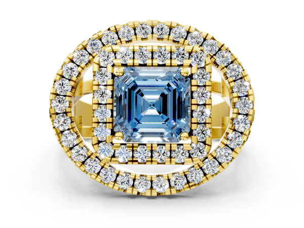 Yellow Gold Asscher Cut Halo Engagement Ring Setting for Fancy Blue Center - Design RJ-762