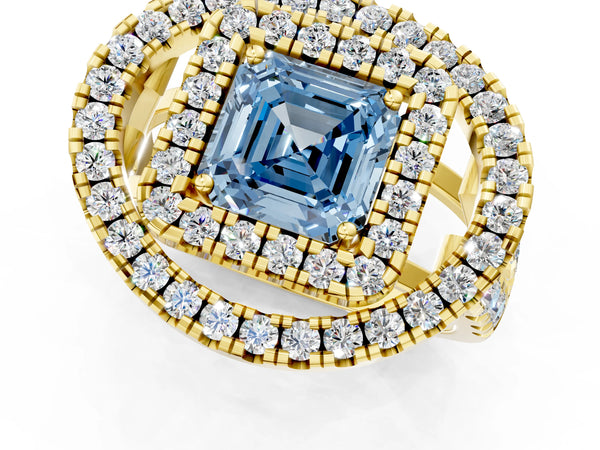 Yellow Gold Asscher Cut Halo Engagement Ring Setting for Fancy Blue Center - Design RJ-762