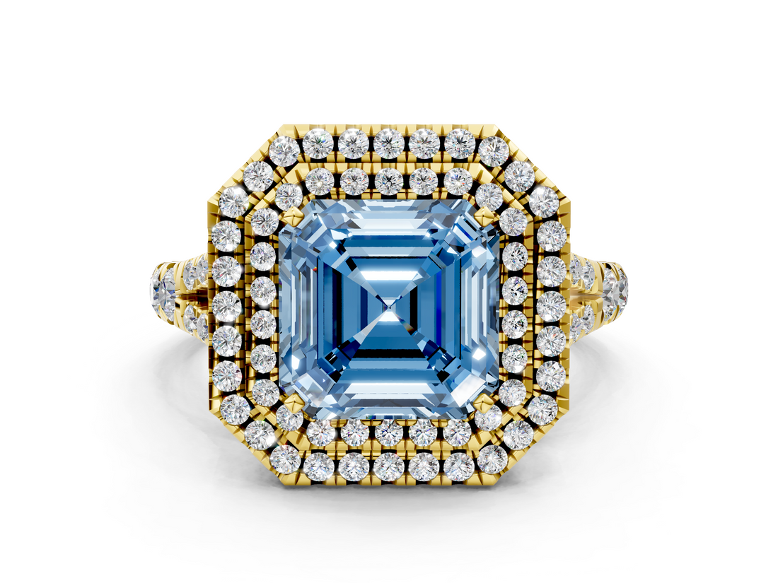 Yellow gold Double Halo Fancy Blue Asscher  Cut Diamond Split Shank Ring with Four Prong Setting