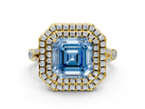 Yellow gold Double Halo Fancy Blue Asscher  Cut Diamond Split Shank Ring with Four Prong Setting