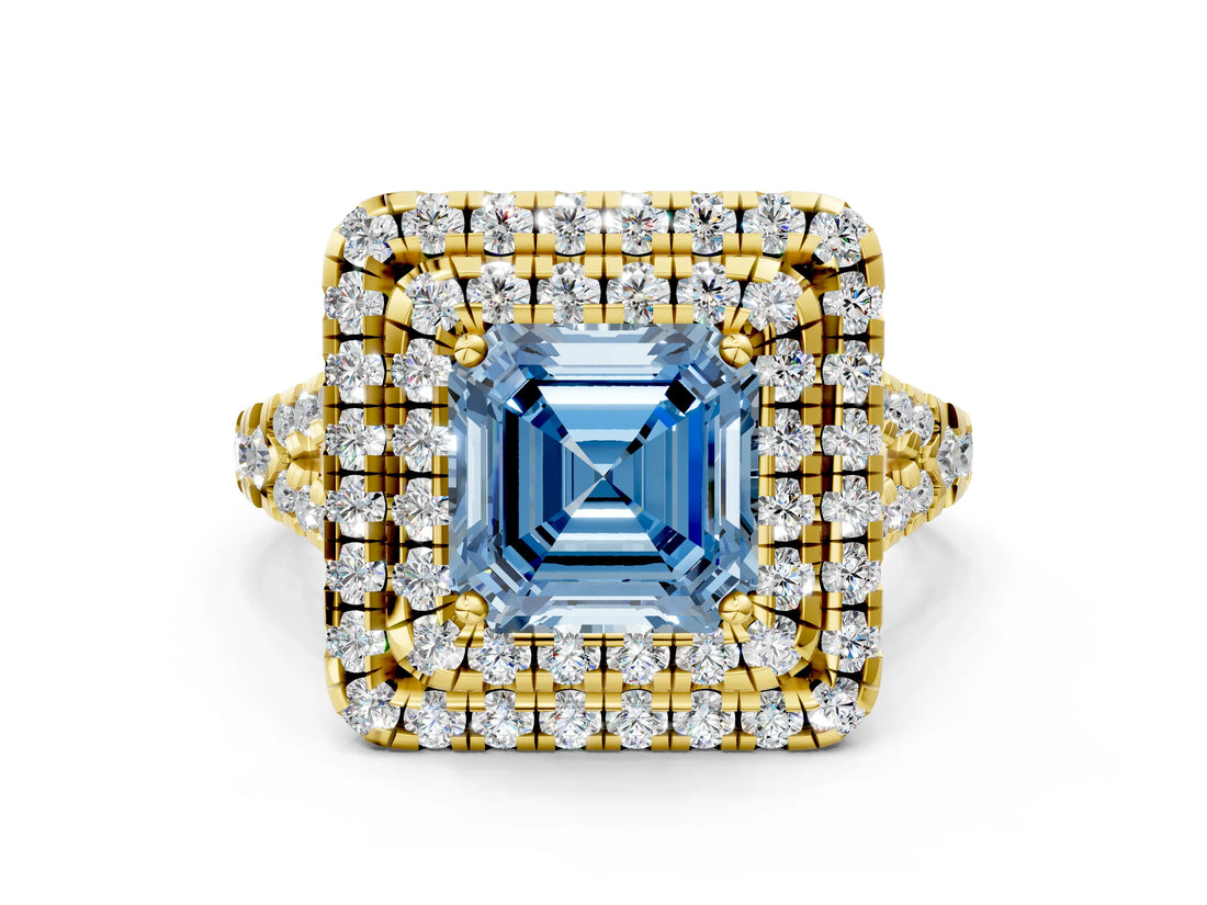Yellow gold Double Halo Fancy Blue Asscher  Cut Pave Split Shank Prong Set Ring_15
