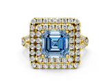 Yellow gold Double Halo Fancy Blue Asscher  Cut Pave Split Shank Prong Set Ring_15