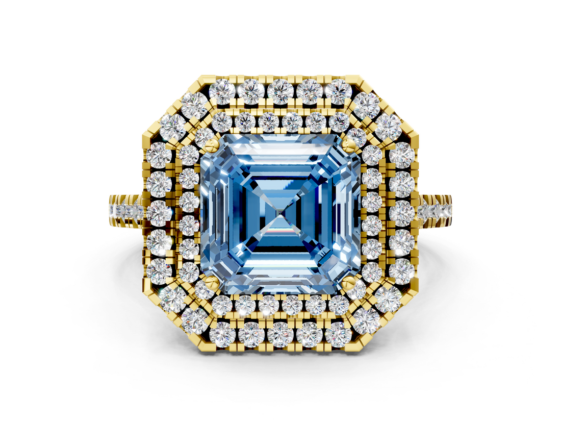 Yellow gold Double Halo Fancy Blue Asscher  Diamond Pave Band with Four-Prong Setting