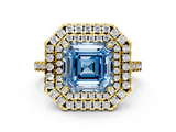 Yellow gold Double Halo Fancy Blue Asscher  Diamond Pave Band with Four-Prong Setting