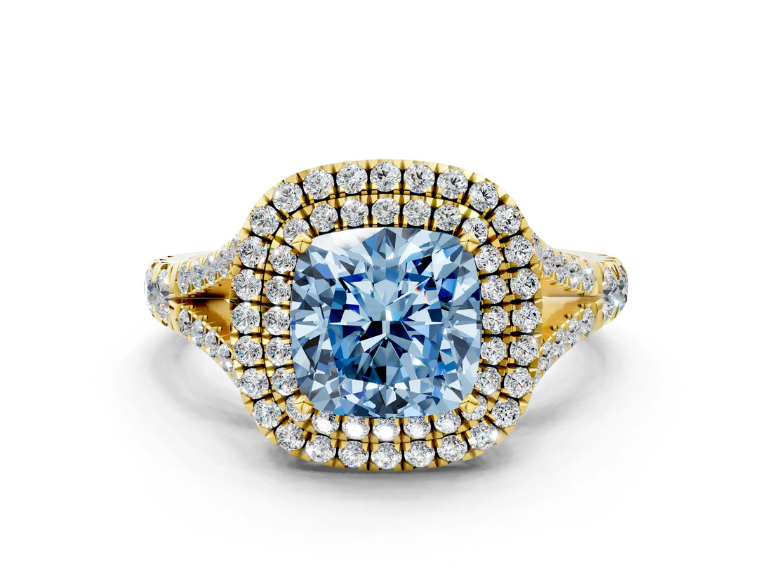 Yellow gold Double Halo Fancy Blue Cushion -Shaped Split Shank Diamond Ring with Prong Setting_15