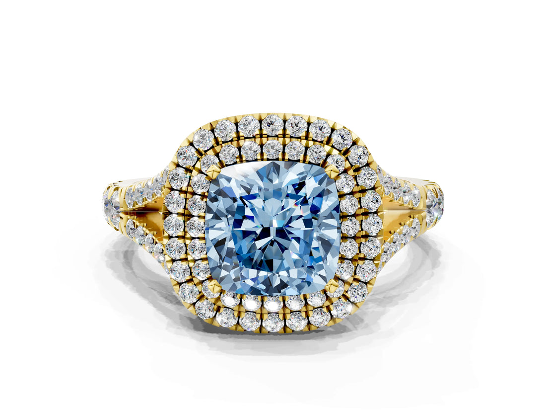 Yellow gold Double Halo Fancy Blue Cushion Cut Diamond Split Shank Engagement Ring with Four-Prong Setting_3