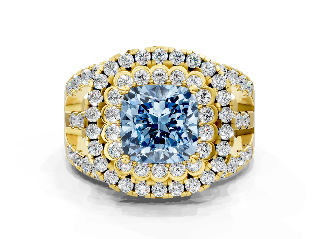 Yellow gold Double Halo Fancy Blue Cushion Cut Diamond Split Shank Pave Set Ring_3