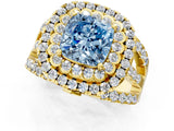 Yellow gold Double Halo Fancy Blue Cushion Cut Diamond Split Shank Pave Set Ring_4